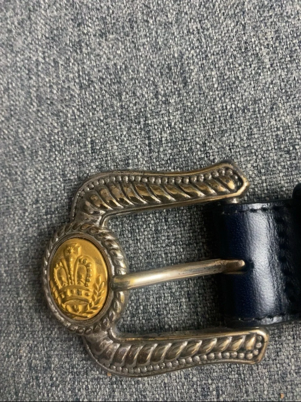 Brighton Navy Leather Belt with Gold Medallion Hardware